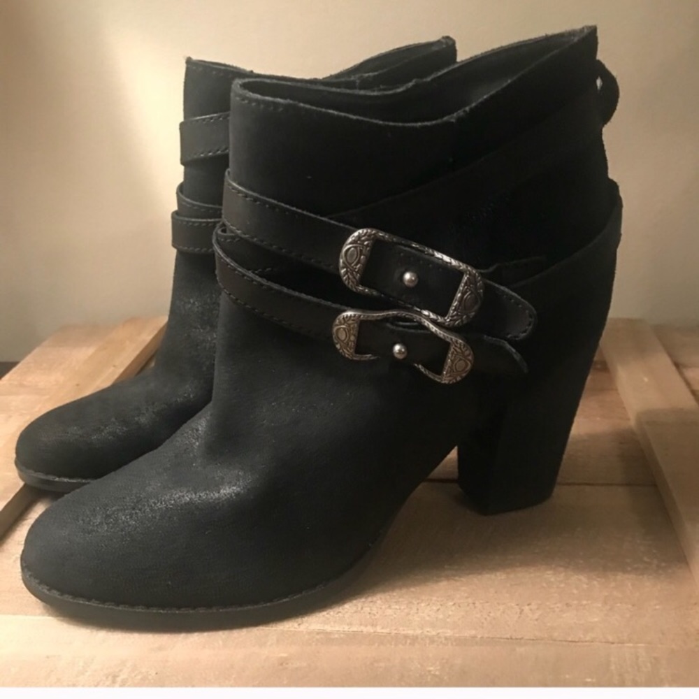 Reba Zania black leather ankle boots with strap and buckle